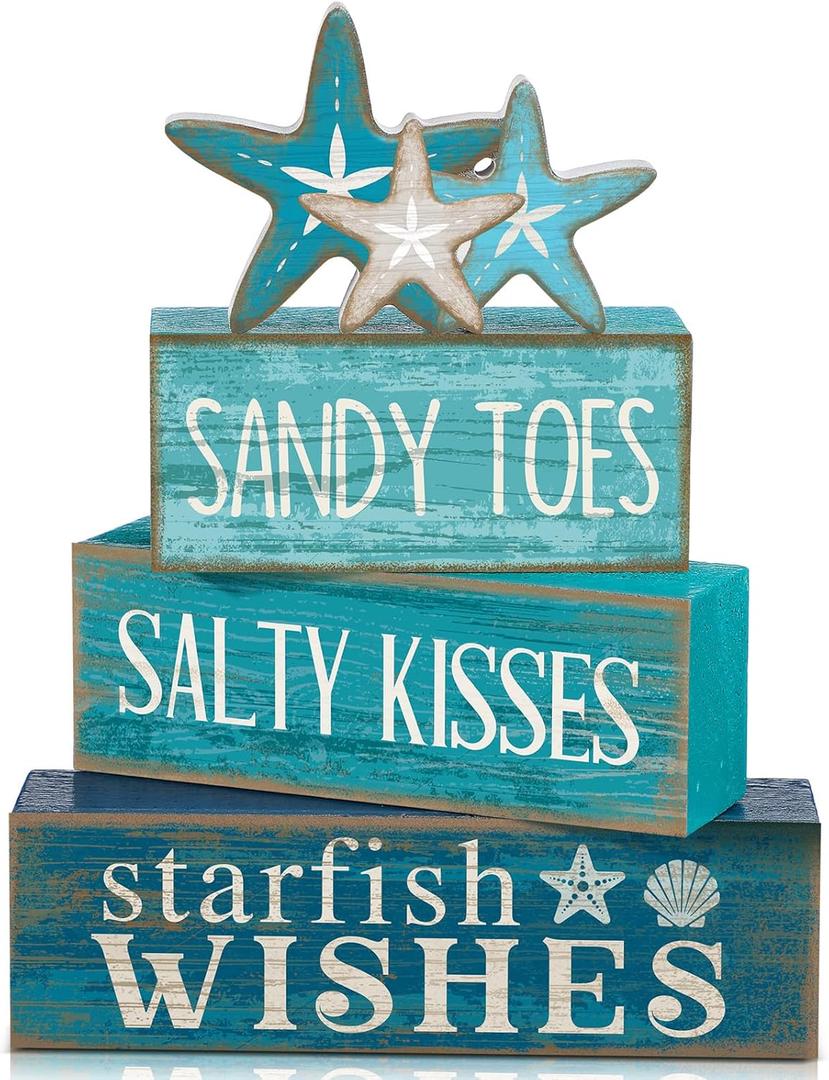 Yuntau 4 Pcs Summer Table Decorations Beach Tiered Tray Decor Starfish Coastal Rustic Wooden Block Sign Stacked Book Nautical Table Centerpiece for Farmhouse Home Living Room Office Desk Shelf Mantel