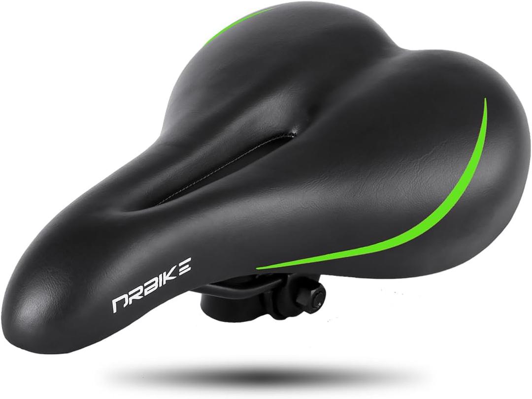 DRBIKE Adult Bike Seat with Wide Cushion & Waterproof Cover, Comfortable Padded Bicycle Saddle for Men & Women, Universal Bike Seat Replacement for MTB, Mountain, Road, Exercise & Cruiser Bike, Black (Green)