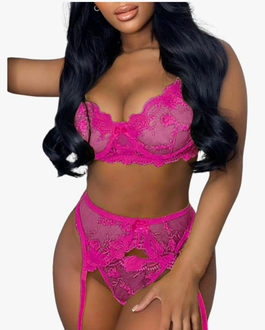 Kaei&Shi Floral Embroidered Mesh Sheer,Underwire Satin Bow,High Cut Thong,Belt Garter Lingerie, L