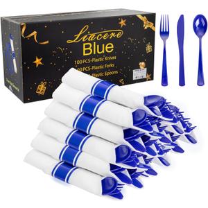 Liacere 100Pack Pre Rolled Blue Silverware and Napkin - Disposable Blue Plastic Utensils-Wrapped Plastic Cutlery Set with Napkin:100 Forks,100 Knives,100 Spoons,100 Napkins for Wedding&New Year