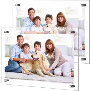 DoubleFill 2 Pack Extra Large Frameless Floating Acrylic Frame Wall Mount Magnetic Acrylic Picture Frames with Chrome Standoffs Double Panel Floating Frame for Photo Poster Display (16 x 20 Inch)