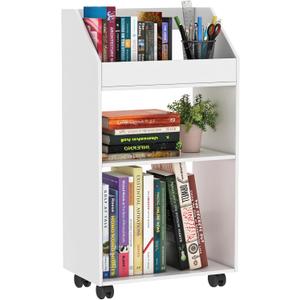 3-Tier Mobile Bookshelf, White Bookcase with Wheels, Rolling File Holder Desk File Book Organizer for Home Office Living Room School