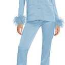 Women's Silk Satin Pajama Set Feather Trim Bridal Long Sleeve Pocketed Lounge Sets Sleepwear (Large, Blue)