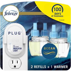 Febreze Plug in Air Freshener, Odor-Fighting Scented Oil Starter Kit, Air Fresheners for Home and Bathroom and Kitchen, Long Lasting for Strong Odors, Ocean Scent, Warmer + 2 Refill (0.58 Fl Oz (Pack of 3))