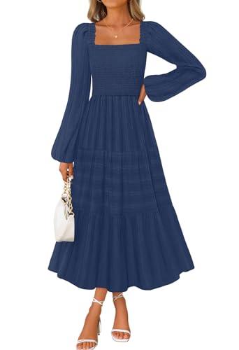 MEROKEETY Women's 2025 Long Sleeve Fall Dress Square Neck Smocked Flowy Tiered Casual Maxi Dresses with Pockets, Navy, L