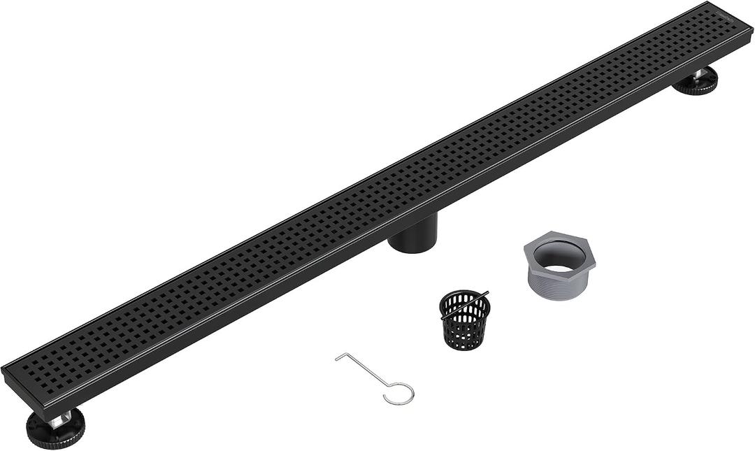 Neodrain 36-Inch Black Linear Shower Drain with Removable Quadrato Pattern Grate,304 Stainless Steel Rectangle Shower Floor Drain, Linear Drain with Leveling Feet,Hair Strainer,Matte Black