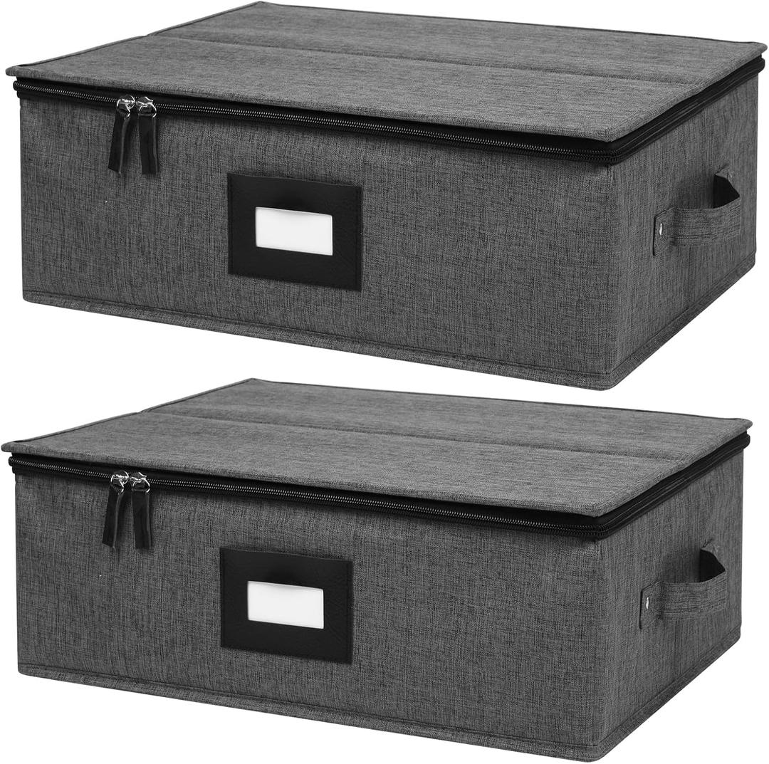 Mayniu 2 Pack Mug Storage Box with Dividers, Hard Top Cup Storage Containers for Coffee Mug & Tea Cup, Stackable Coffee Mug Storage Organizer with Zipper Lid & Rivet Reinforced Handles  Black