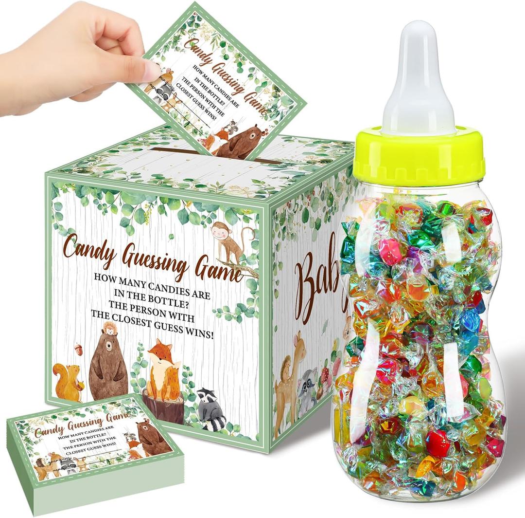 Glenmal 52 Pcs Baby Shower Games Gift Sets Large Baby Bottle for Shower Game Guess How Many Candies Decorations for Gender Reveal(Woodland Animal)