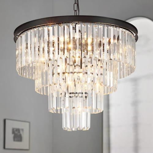 MarkDee Modern Chandeliers Crystal with Light, 11 Lights Black Crystal Chanderlier Lighting, 4-Tier Pendant Lights for Dining Room Living Room (23.62inch)