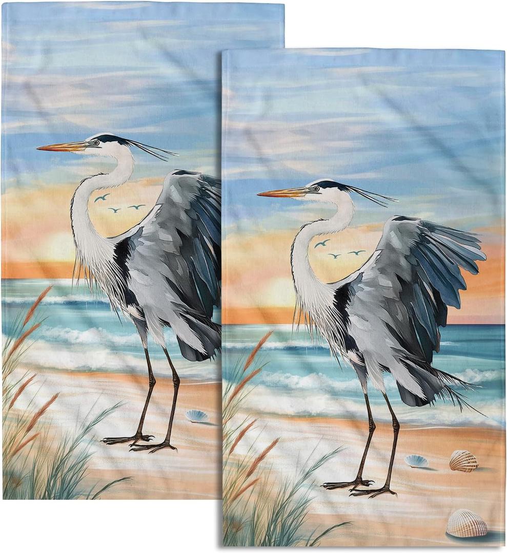 Giwawa Heron Towel Set of 2 Watercolor Summer Coastal Sea Bird Decorative Hand Face Towels for Bathroom Guest Nautical Beach Themed Microfiber Kitchen Dish Towel for Hotel Gym Spa Season
