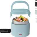 Nostalgia Portable Heated Lunch Box 2.5-Cup Stainless Steel Food Warmer Detachable Cord, Leak-Proof Lid, Carry Handle Portable for Work & Travel Chambray