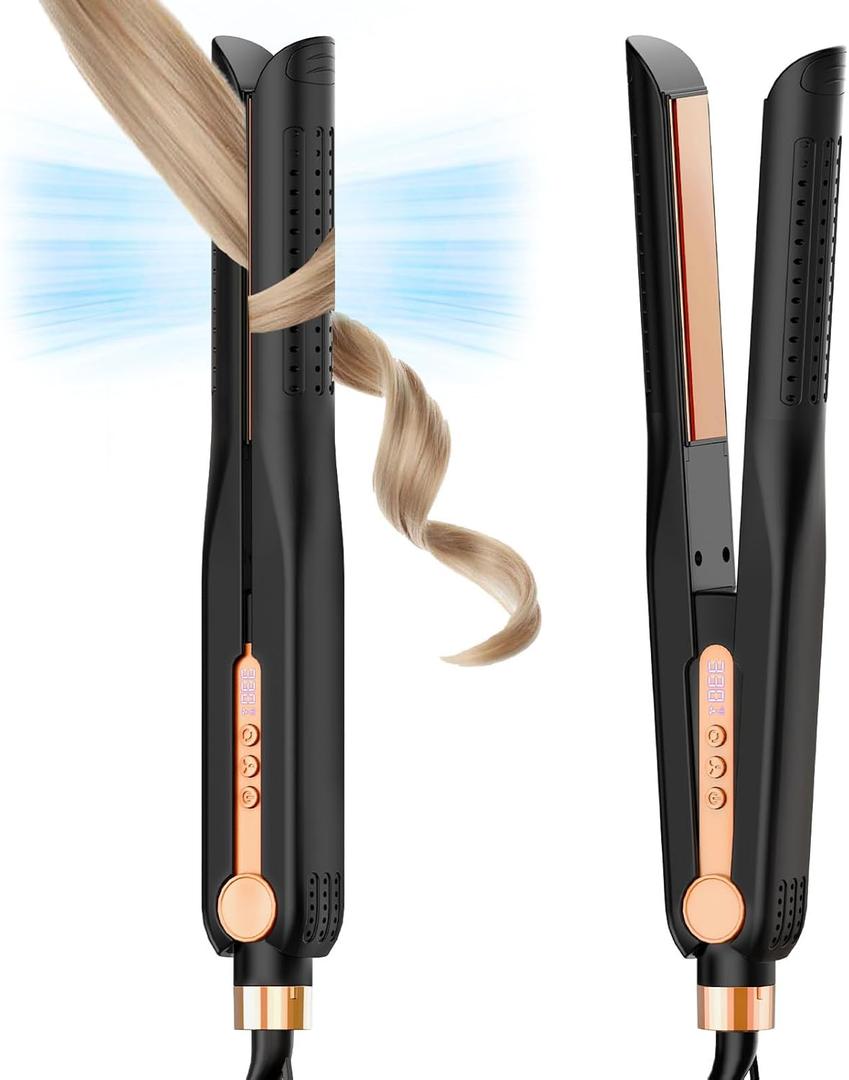 SKIMI Airflow Styler, Titanium Flat Iron Hair Straightener, Professional Curling Iron with Cooling Air Vents to Lock in Style, 5 Temps & Dual Voltage, Auto Off(Black & Copper).