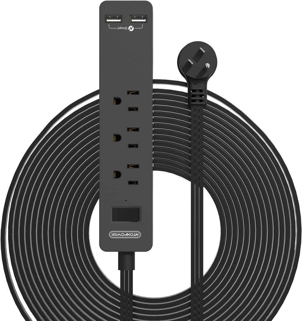 Extension Cord 10 Ft, NTONPOWER Thin Flat Extension Cord, Flat Plug Power Strip with 3 Outlets 2 USB Ports, Wall Mount, Overload Protection for Indoor, Home, Office, Black