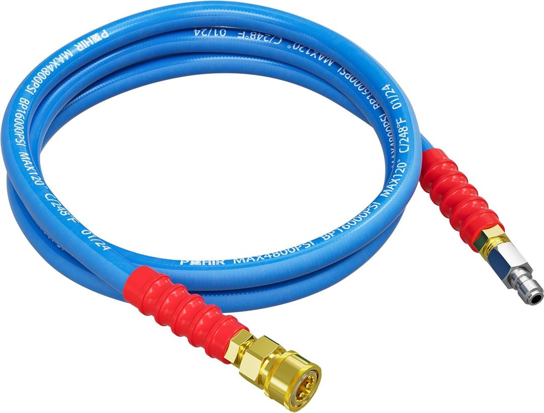 POHIR 10ft Pressure Washer Hose 3/8" 4800 PSI, No Marking Kink Free Hose with Quick Connect Ends and Adapters for Hot & Cold Water up to 248F, Steel Wire Braided Hose for Power Washing