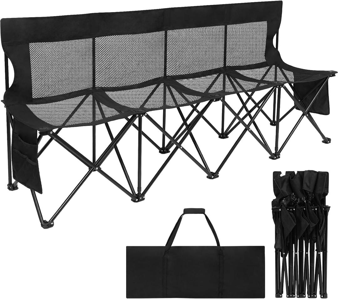 Soccer Bench- Folding Team Bench Soccer 4 Seats, Portable Sideline Sports Benches with Mesh Seat and Back with Bag, Foldable Breathable Chairs for Sports Football Camp Events (Black