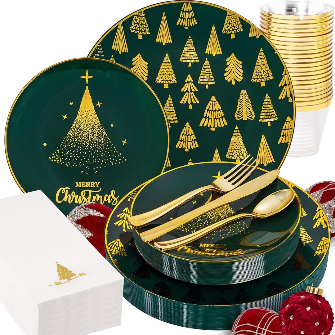 Hioasis 175 Pcs Plastic Christmas Plates - Green and Gold Emerald Disposable Plates Include 25 Dinner Plates, 25 Dessert Plates, 25 Forks, 25 Knives, 25 Spoons, 25 Napkins, 25 Cups for Xmas Party