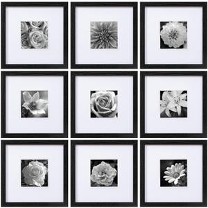 eletecpro 10x10 Picture Frames Set of 9 with Mat for 5x5 Photos or without Mat for 10x10, Square Gallery Wall Decor Collage for Picture Display, Black Frame Set for Wall Hanging