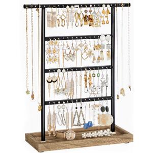 SONGMICS Jewelry Organizer, 4-Tier Earring Holder Organizer Stand with Base Tray, for Studs and Necklaces, Vintage, Christmas Gift, Wood Color and Black UJJS019B01