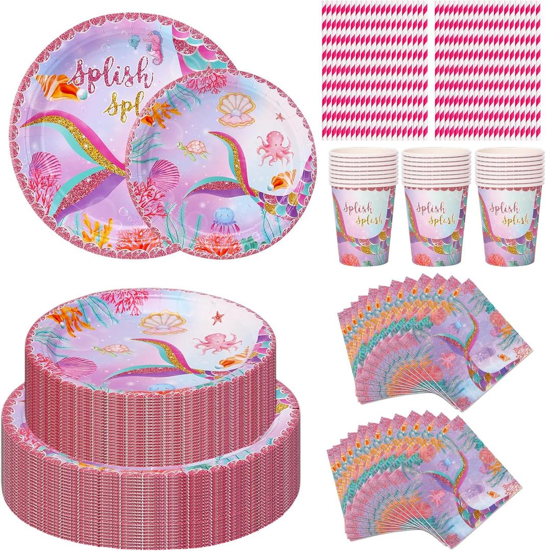 Mermaid Birthday Party Supplies Plates and Napkins Set for 24 Guests, Mermaid Tableware Set Includes 9''&7'' Paper Plate,Cup,Napkin,Straw, Mermaid Party Decorations (Mermaid Set)