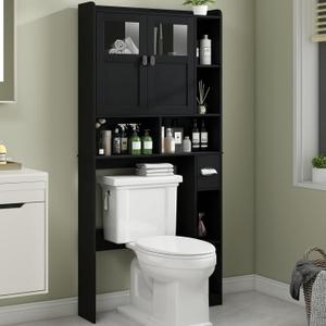 Vabches Over The Toilet Storage Cabinet, Bathroom Shelf Over Toilet with Glass Doors and Adjustable Shelves, Black Freestanding Home Space Save Toilet Rack, for Restroom, Bathroom, Laundry, W31.69''
