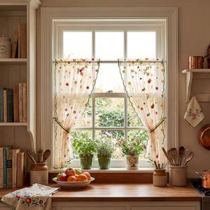Gilprop Floral Sheer Curtains for Windows 30 x 36 Inches Short Sheer Embroidered Curtains for Kitchen Cafe Bathroom Small Windows Summer Farmhouse Vintage Watercolor Florals (Champagne)