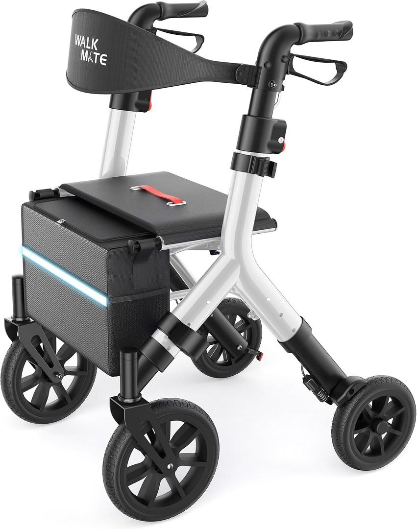 WALK MATE Rollator Walker for Seniors 5.3~7ft Tall, Height-Adjustable Seat, Built-in Cable, 10 Inch Wheels, 16.5 lb Lightweight & Compact Folding Design, 300 lb Capacity, Silver