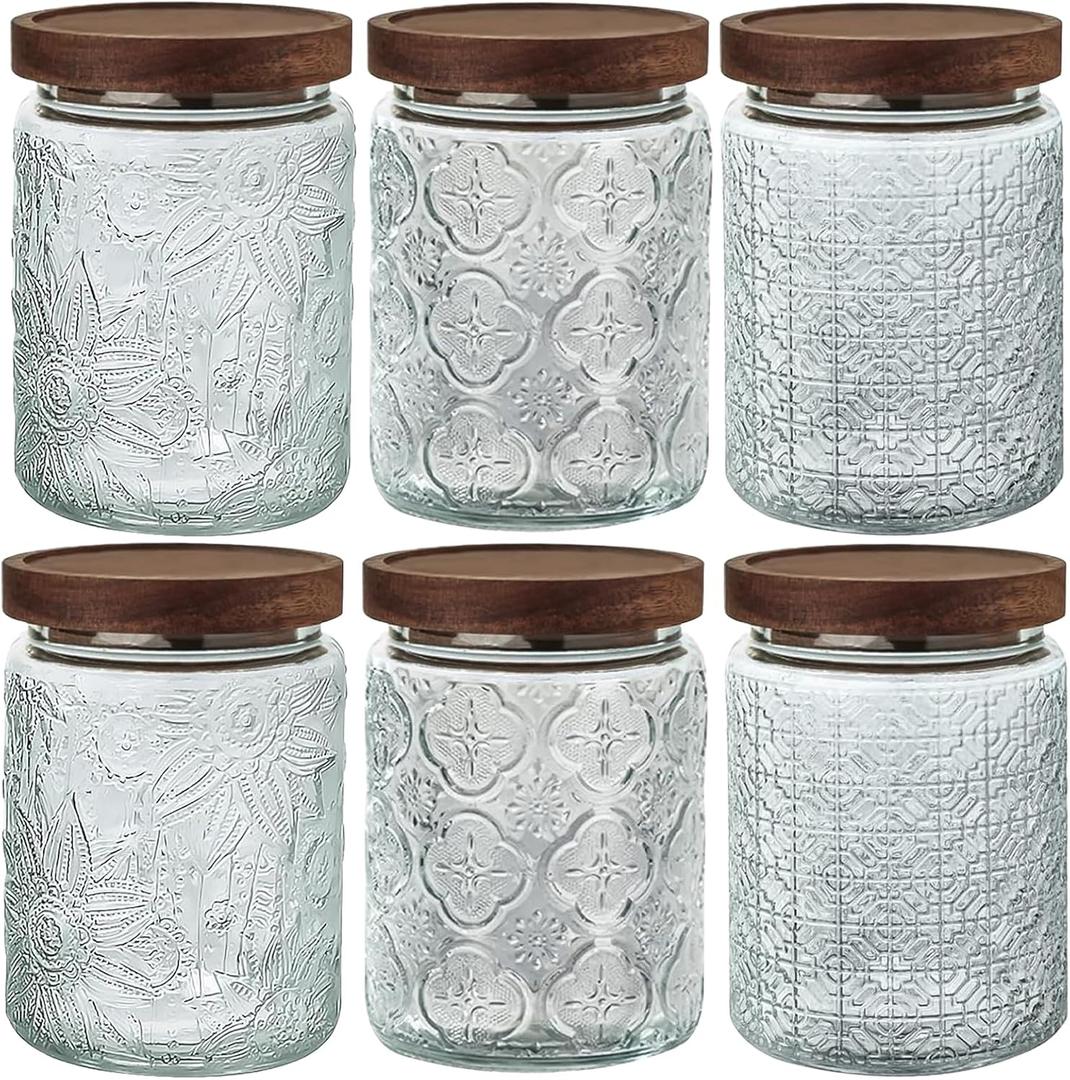 24 OZ Airtight Glass Storage Jar with Bamboo Lid  Vintage Glass Jar Vintage Food Containers Canisters Set for Kitchen Counter & Pantry  Ideal for Sugar, Flour, Coffee, Tea, Candy, Oats 6 Pack