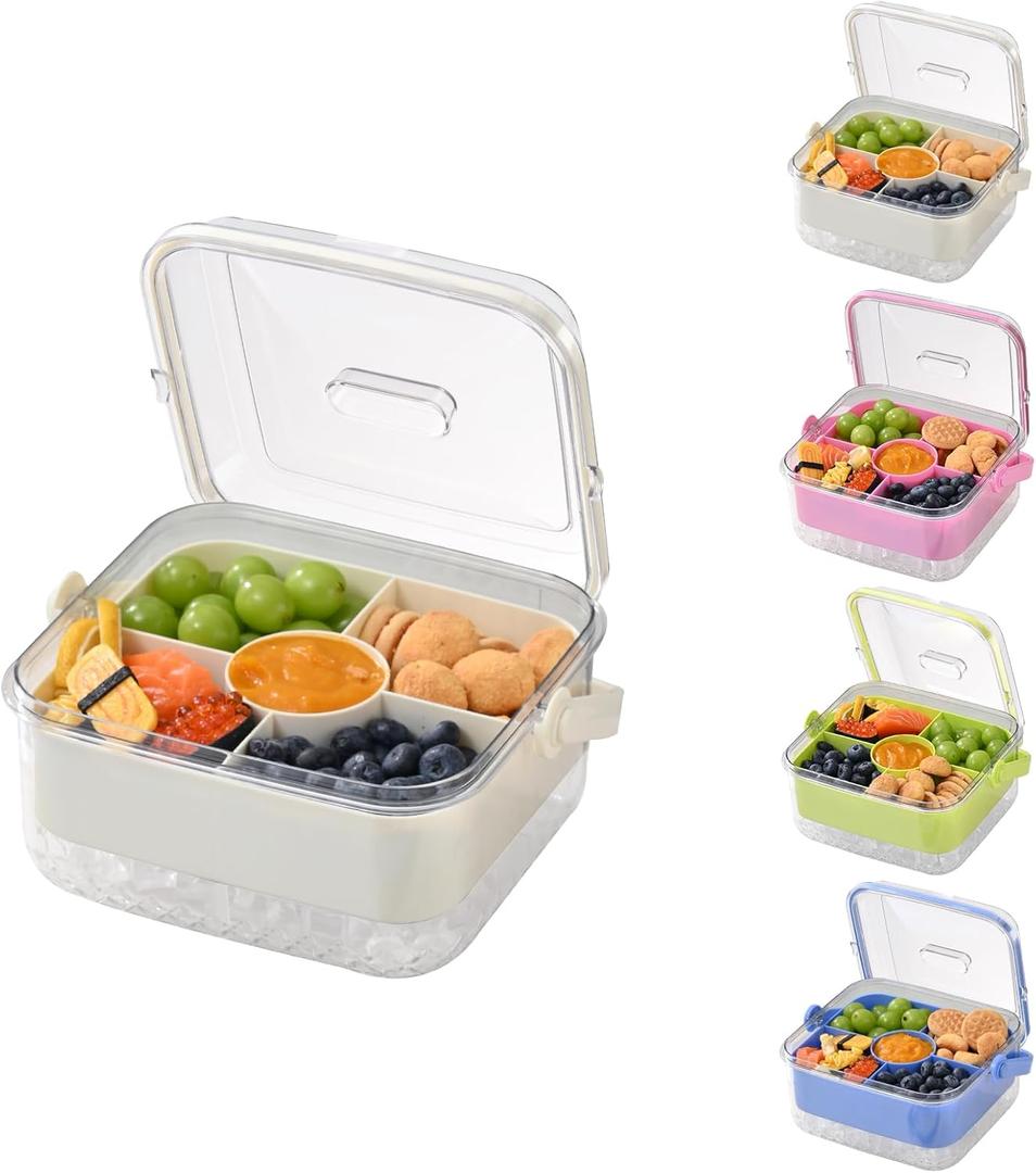 2 x Divided Chilled Serving Tray for Parties,Ice Chilled Party Platter,Ice Serving Bowl with Lid and Handle,Charcuterie Serving Board,Cold Dish Dip for Fruit Seafood Vegetable Shrimp Cocktail Appetizer... (White)