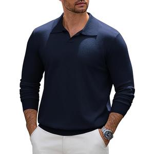 Mens Knit Polo Sweater Long Sleeve V Neck Casual Golf Polo Lightweight Collar Pullover Sweaters, Large