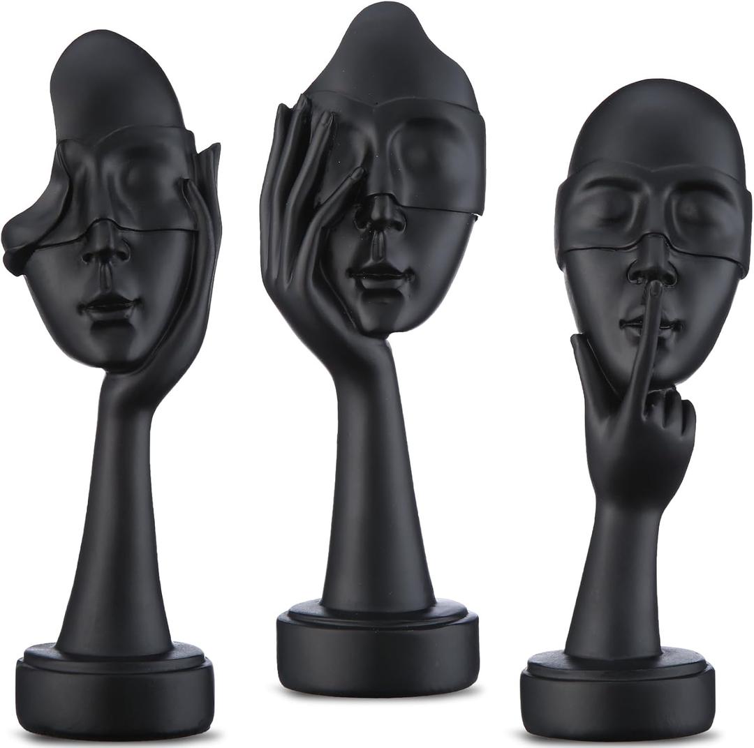 3 Pcs Thinker Statue. See No Evil Hear No Evil Speak No Evil Small Shelf Decor. Abstract Art Sculptures for Bedroom Bookshelf Coffee Table Decor for Living Room.Gifts for Women (Black)
