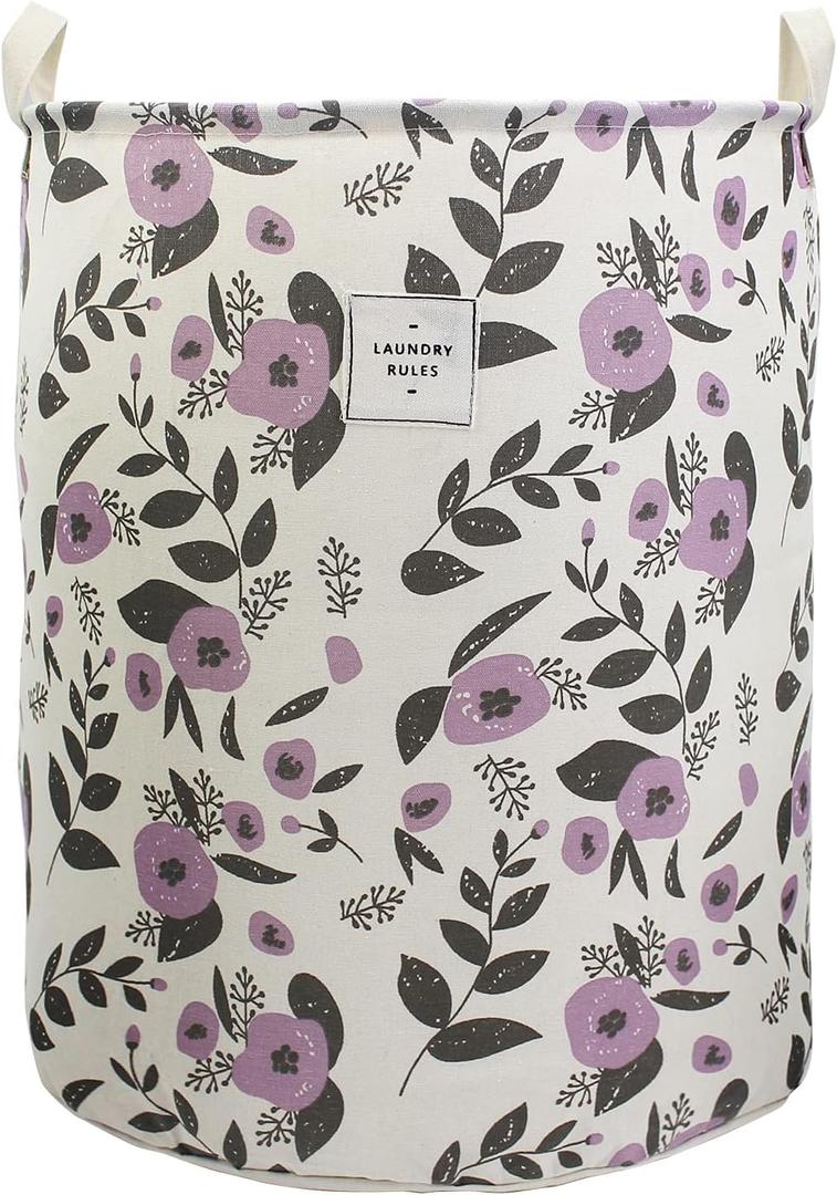 Mziart Collapsible Laundry Basket, Floral Printing Large Laundry Hamper for Baby Girls Kids Toys Clothes Organizer Foldable Storage Bin Waterproof Canvas Nursery Storage Basket with Handles (Purple)