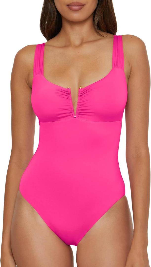 BECCA Color Code - Women's V-Wire One Piece Swimsuit, Adjustable, Bathing Suits for Women (Pink, Large)