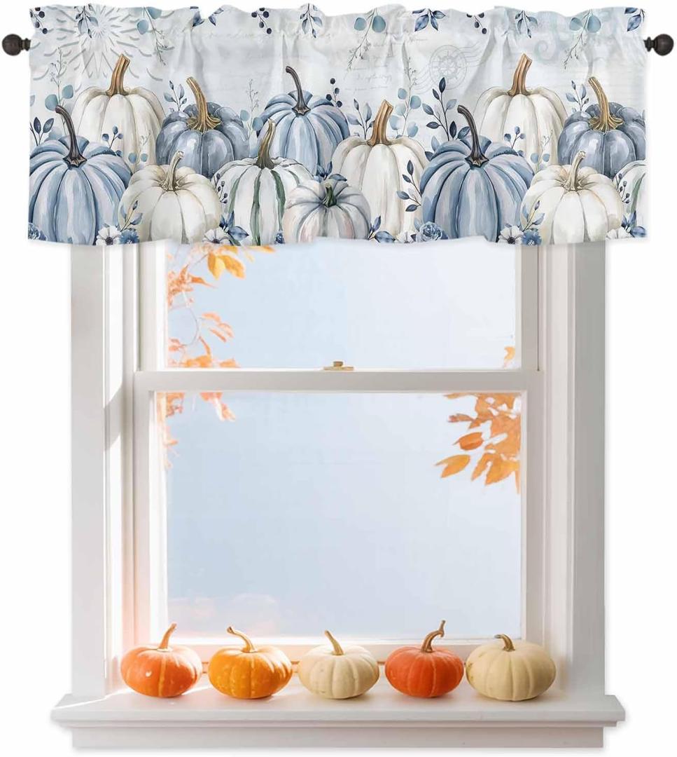 Fall Blue White Pumpkin Valances Curtains for Windows, Thanksgiving Decorations Rod Pocket Kitchen Valance Curtain for Living Room/Bedroom, Short Window Treatment Drapes, 54x18in, Eucalyptus Leaves