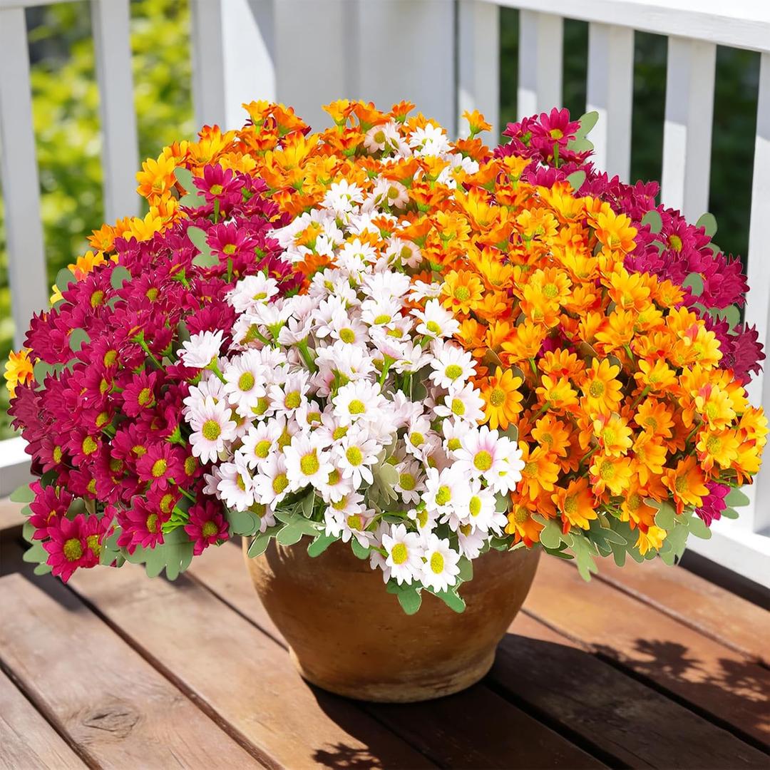 12 Bundles Artificial Daisies Flowers Outdoor Fake Plants White Gerber Daisy Fake Foliage Greenery Faux Plants for Graves Hanging Outside Planter Window Box Wedding Decoration