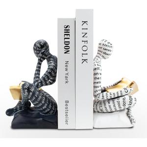 Heavy Duty Book Ends for Shelves, Thinker Decorative Bookends for Heavy Books, Unique Book Stoppers to Hold Book, Bookshelf Accessories, Modern Home Office Decor Aesthetic Black & White