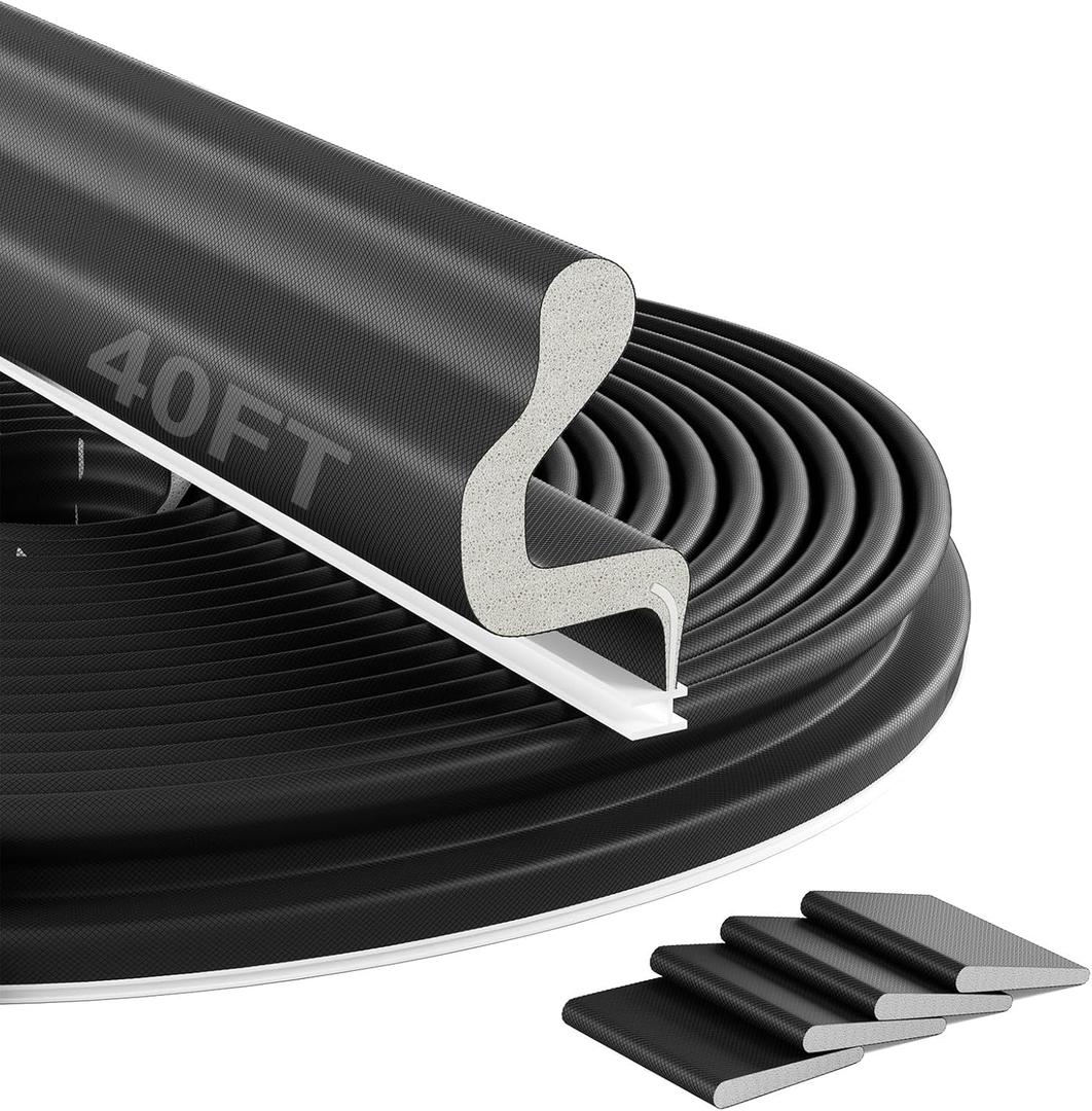 40FT Kerf Weather Stripping Door Seal Front Exterior Door Weather Stripping Seal Strip for Door Frame Door Insulation Soundproofing (with 4 Door Corner Seals) (Black)