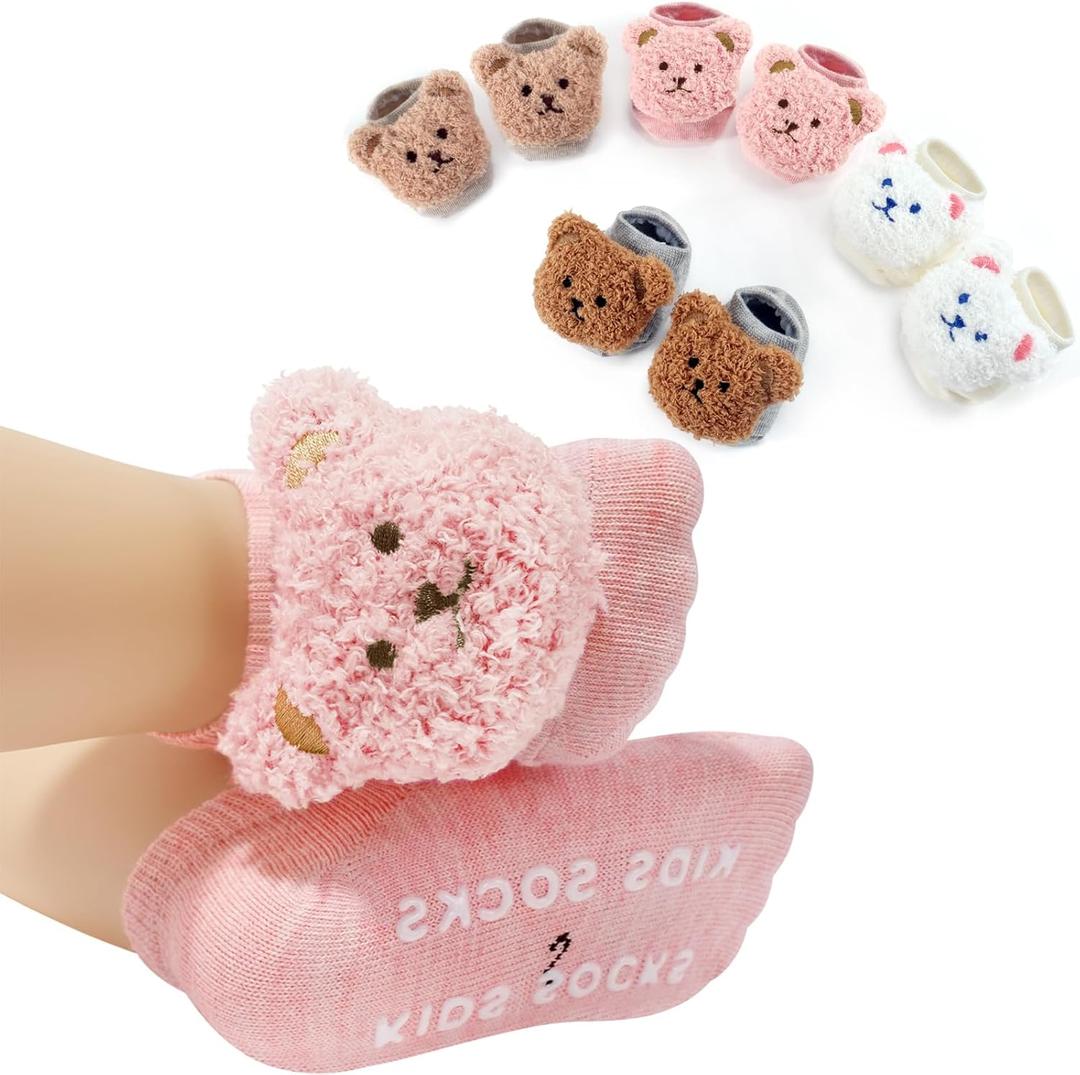 SAOROPEB 4-Pair Baby Girls Socks, Non-Slip Grips for Babies Toddler, Ankle Socks for Girls (0-12 Months, Bear)