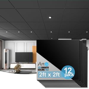Art3d 12-Pack Smooth Drop Ceiling Tile 2ft x 2ft - Fire-Rated, Waterproof, Reusable - Premium PVC, No Sag and Breakage - Cover 48 Sq. Ft, Black, 24*24