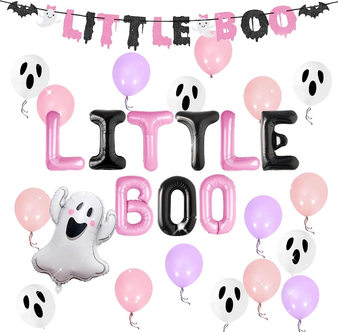 Pink Halloween Little Boo Balloon Little Boo Banner Ghost Balloons for Baby Shower Birthday Party Halloween Party Decoration