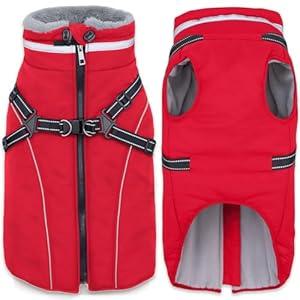 Fragralley Waterproof Dog Coat with Built-in Harness, Fleece Lined Warm Puffer Jacket, Adjustable Reflective Windproof Parka for Small Medium  Dogs