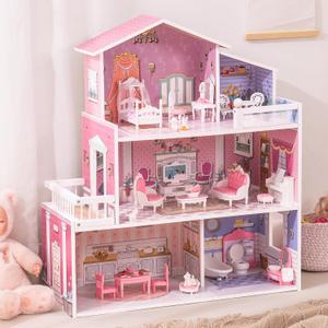ROBUD Wooden Dollhouse Playset with 5 Rooms 24 PCS Furniture, one size