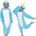 Funziez! Sea Creatures Onesie Lobster, Clown Fish, Hammerhead Shark, Octopus, Squid - Plush Adult Animal Costume Jumpsuit (Small, Narwhal)