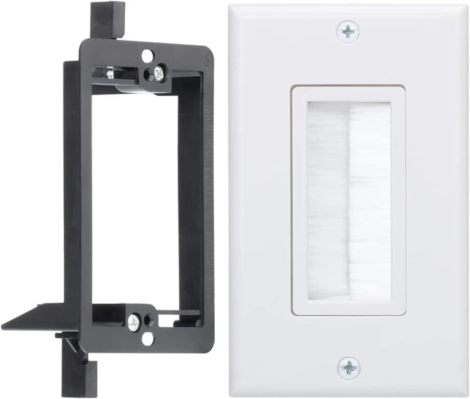 Brush Wall Plate Deco Bristle Insert with Single Gang Mounting Bracket for Low Voltage Cable Pass Through HDTV HDMI Home Theater Networking Wires,  White