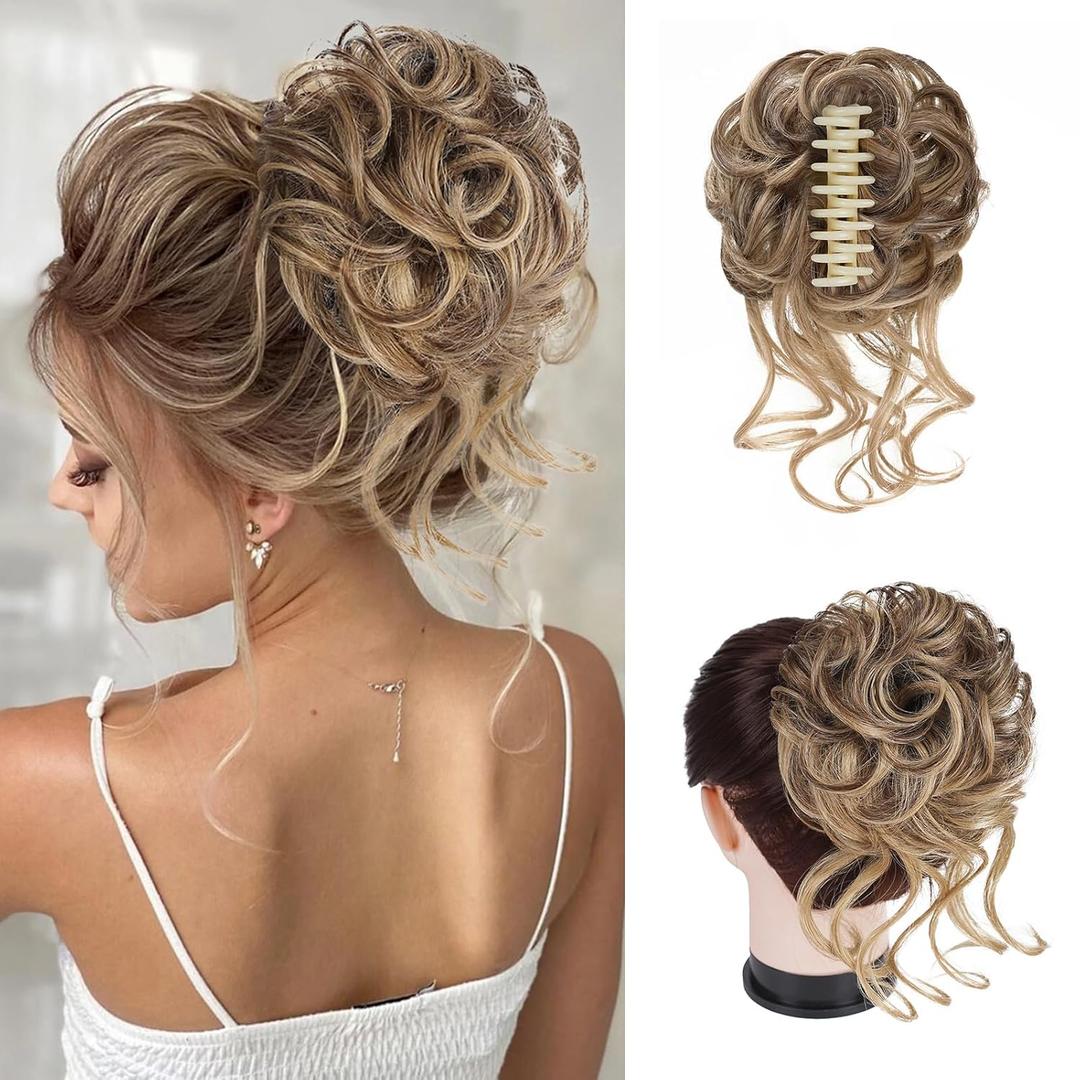 Large Messy Bun Hair Pieces for Women Wavy Curly Fake Hair Bun Extensions Ponytail Hairpieces for Updo Natural Synthetic Claw Clip Bun Hair Accessories Light Brown mix Blonde