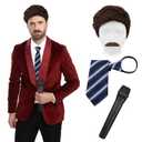 4 Pcs Newsreader Costume 70s 80s TV Host Accessories Kit with Short Brown Wig Mustache Microphone Striped Tie for Adult Men Halloween Movie Cosplay Party Dress up