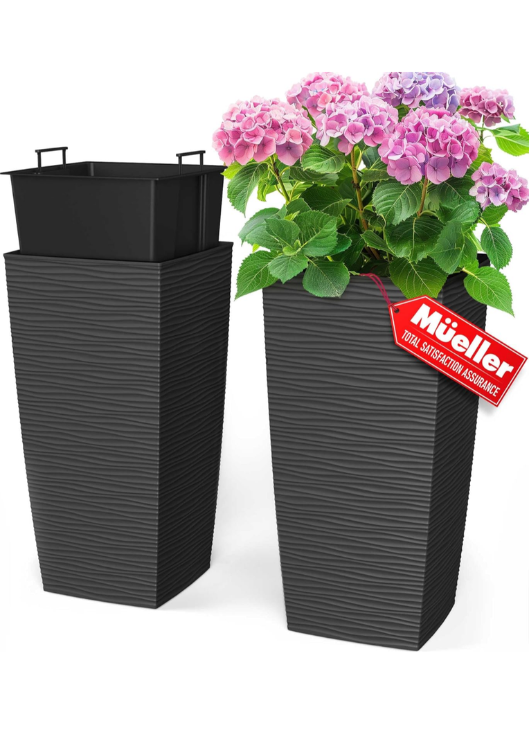 Mueller M-Resin Heavy Duty Tall Planters for Outdoor Plants, Indoor Grande Plant Pots, Boxes, Trees, Flower Pots, 2-Piece Set, 24”, Modern Design, Built-in Drainage, Front Porch Decor, Dark Gray 3,4 Gallon
