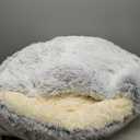ShinHye Round Plush Fluffy Hooded Cat Bed Cave, Cozy for Indoor Cats or Small Dogs, Waterproof Bottom, Washable30 in (grey)
