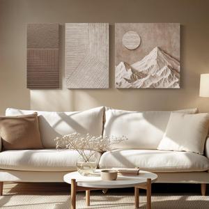 Large Abstract Neutral Wall Art 3 Piece, Brown Mountain Nature Landscape Canvas Art Prints, Wabi Sabi Art Geometric Line Painting for Living Room, Bedroom, Hallway, Office