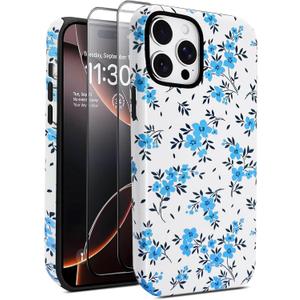 J.west for iPhone 14 Pro Max Case with 2 Pack Tempered Glass Screen Protectors Cute Floral Phone Case Hybrid PC+TPU Slim Shockproof Phone Cover for Women Girls