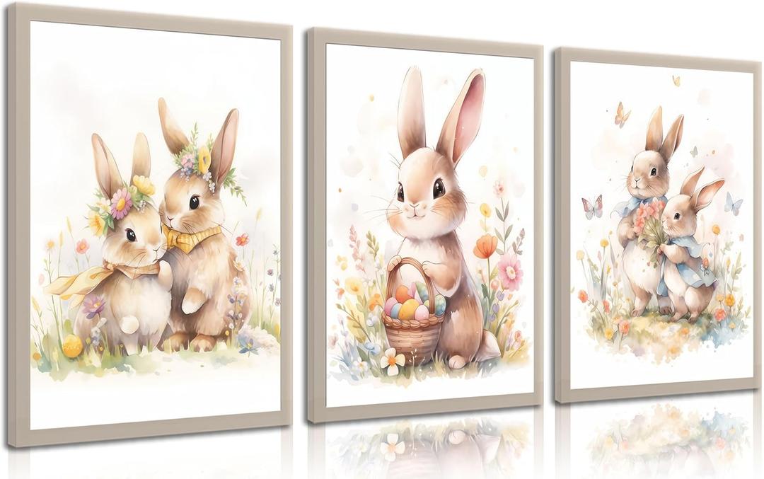 3pcs Easter Bunny Wall Art Cute Watercolor Bunny Botanical Flowers Posters Prints Children'S Room Girl Canvas Wall Decor Pictures for Baby Boys And Girls Living Room Bedroom Home Decoration Unframed (16L x 12W - Posters)